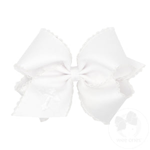 King White Grosgrain Hair Bow with Moonstitch Edge and Cross Embroidery	on Tail