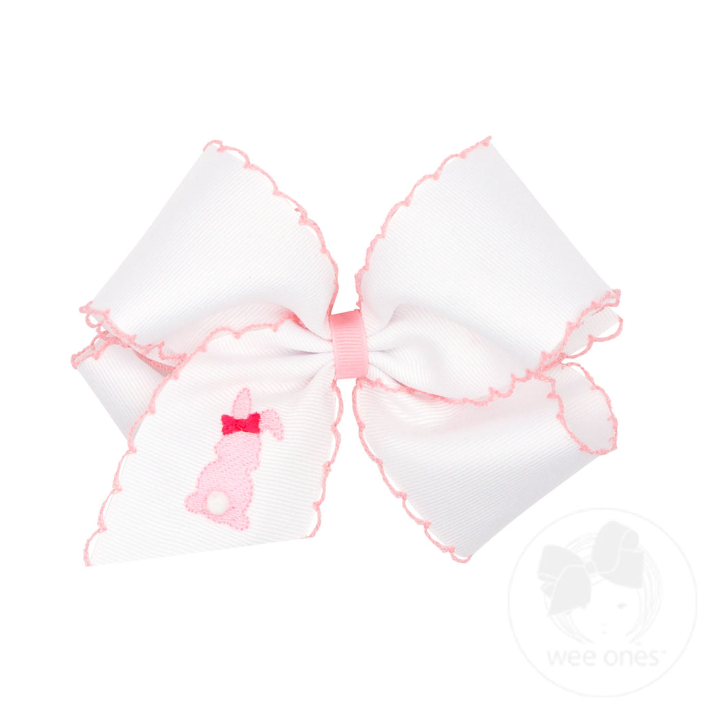 King White Grosgrain Bow with Moonstitch Edge and Easter-inspired Embroidery on Tail