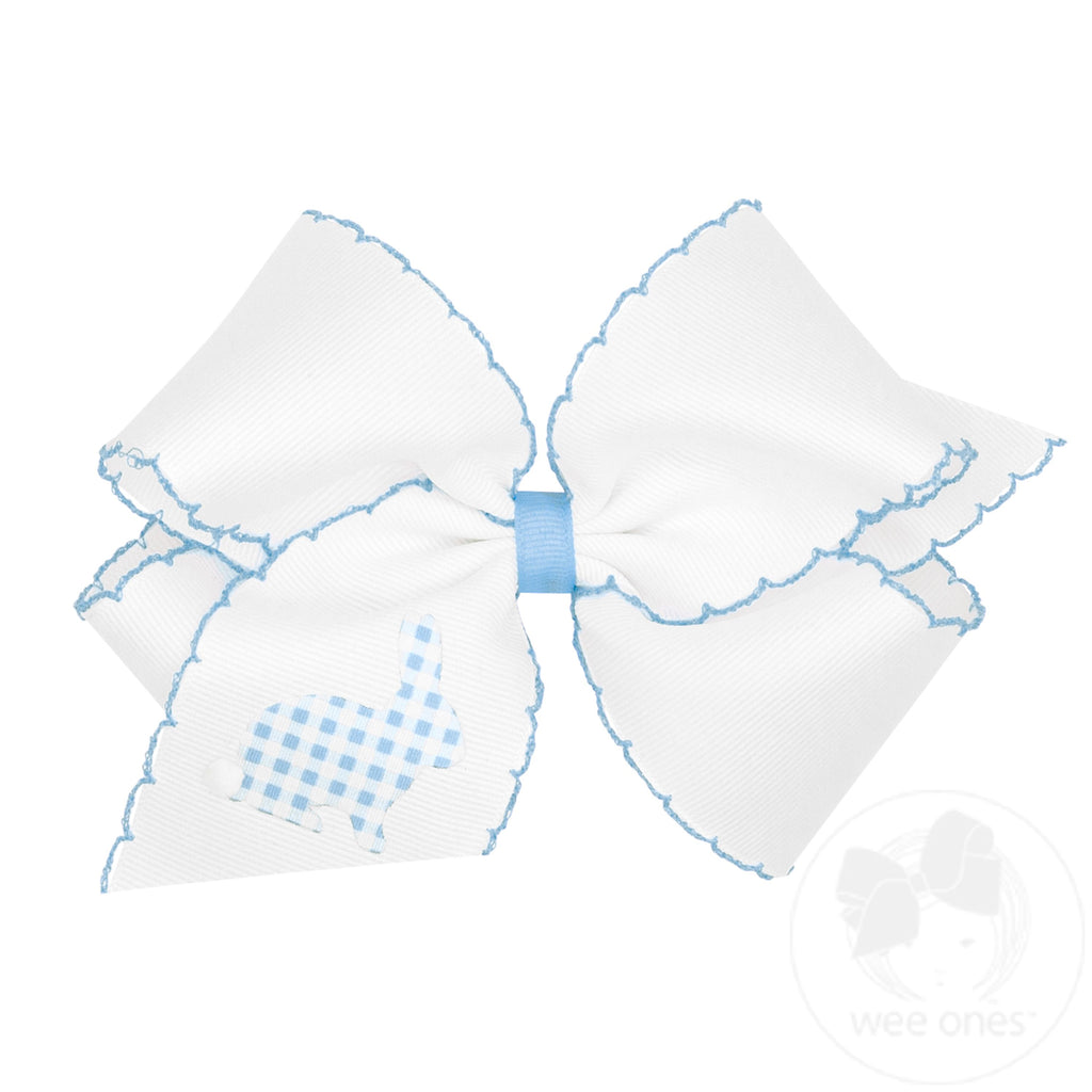 King Grosgrain Bow with Moonstitch Edge and Printed Millenium Blue Gingham Bunny