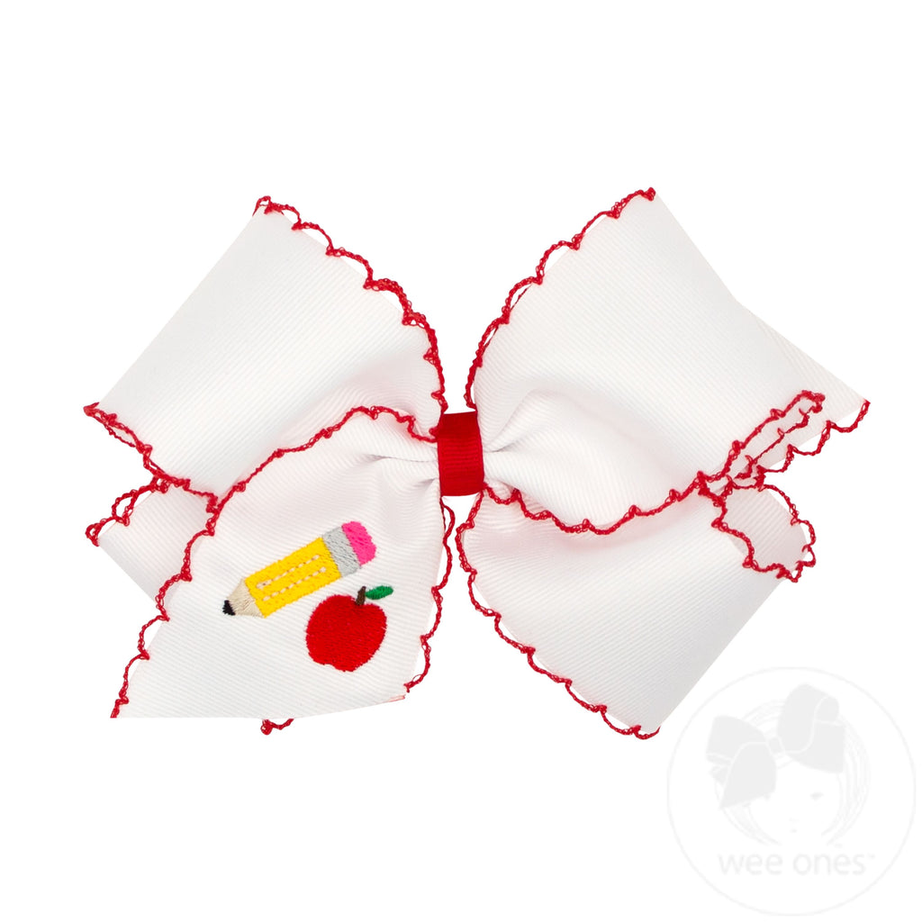 King Grosgrain Hair Bow with Moonstitch Edge and School-themed Embroidery
