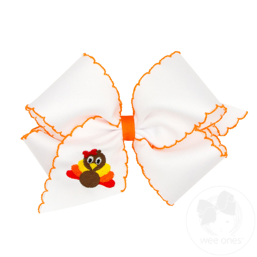 King Grosgrain Hair Bow with Moonstitch Edge and Harvest Embroidery