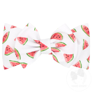 Soft Printed Watermelon Rippled-Textured Wide Girls Baby Band with Large Matching Bowtie