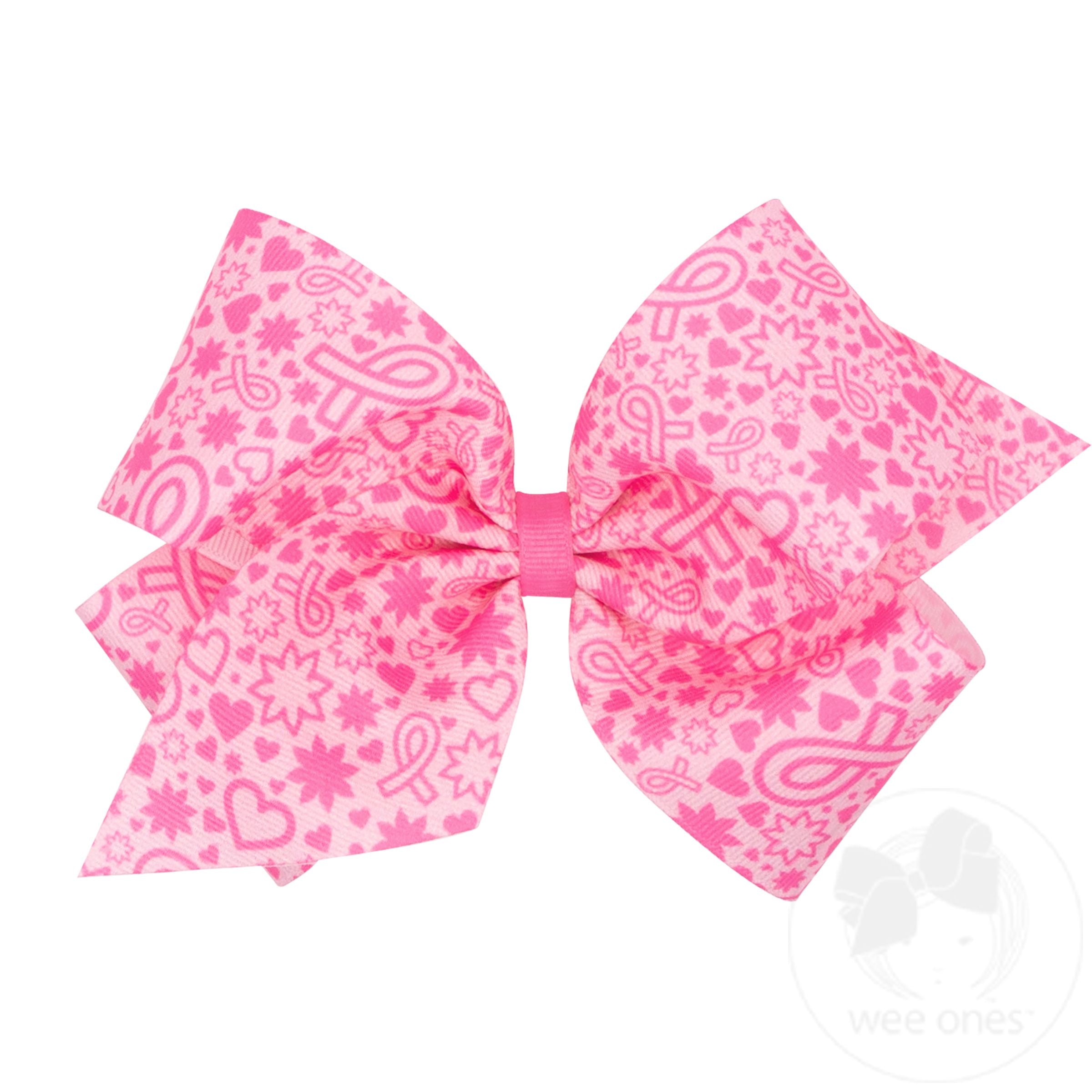 Think Pink! King Breast Cancer Pattern Print Grosgrain Hair Bow