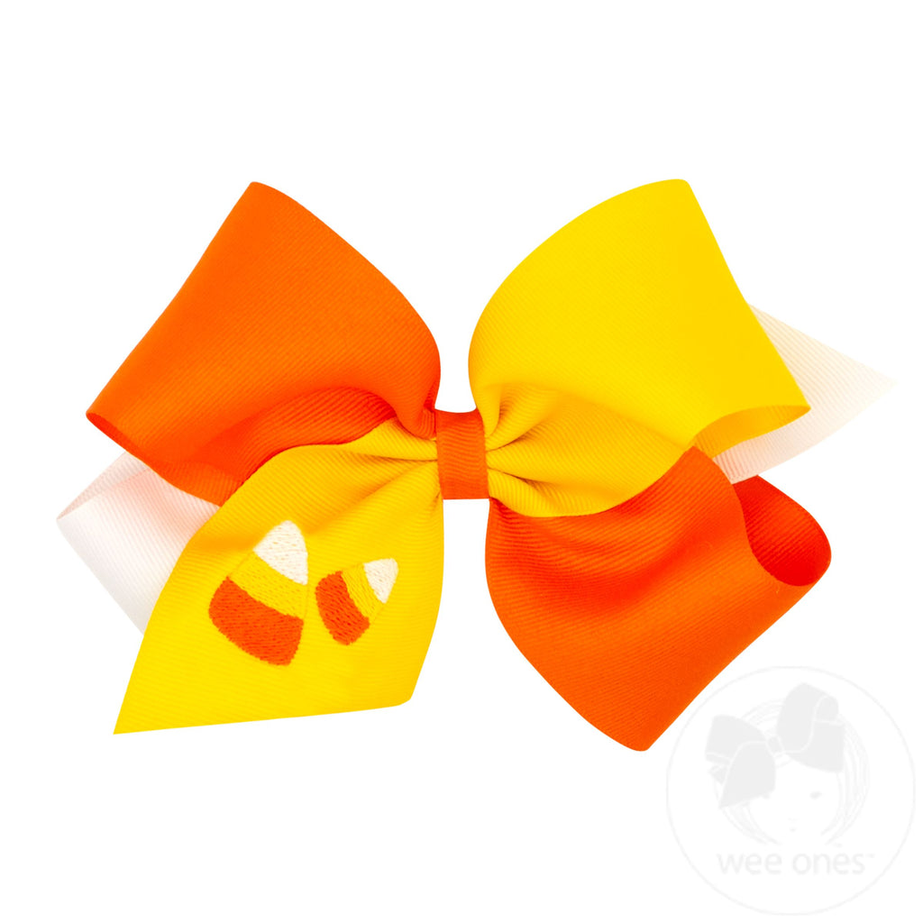 King Tri-colored Grosgrain Hair Bow with Halloween-themed Embroidery