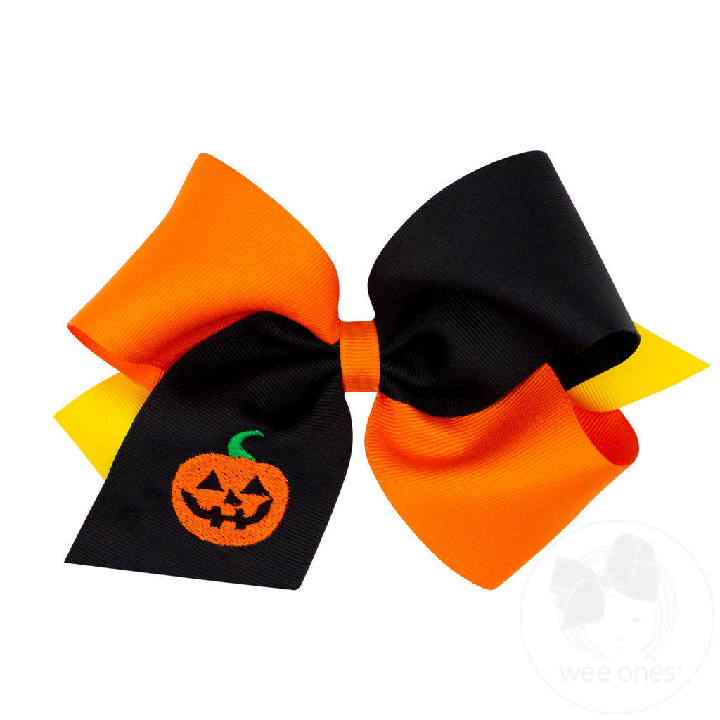 King Tri-colored Grosgrain Hair Bow with Halloween-themed Embroidery