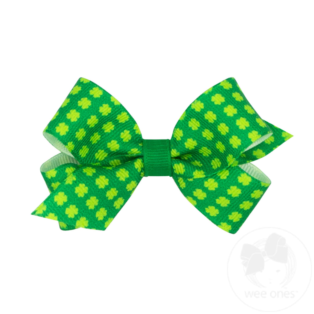 Mini Green and White Shamrock Print Grosgrain Hair Bow
