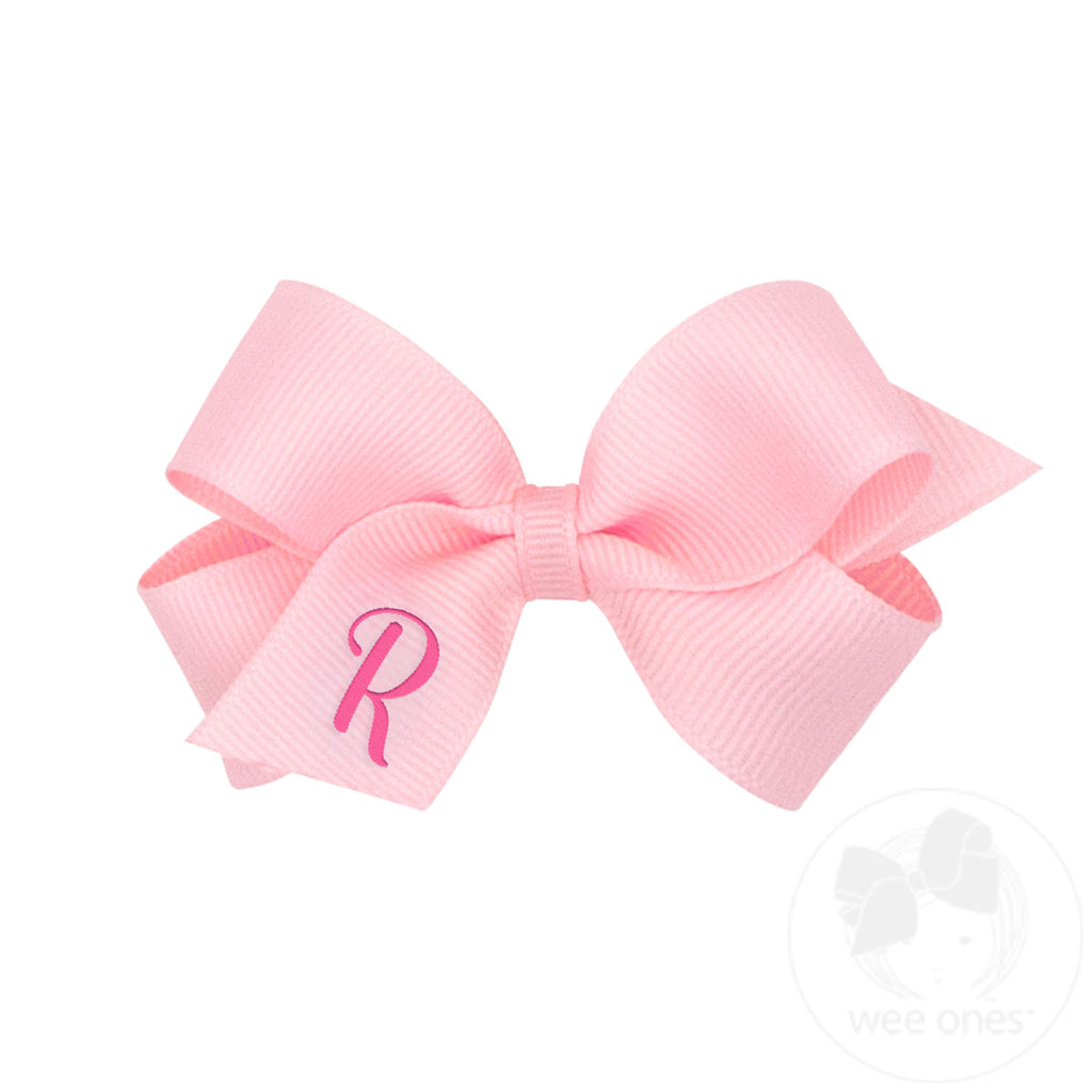 Mini Monogrammed Grosgrain Girls Hair Bow - Light Pink with Hot Pink Initial