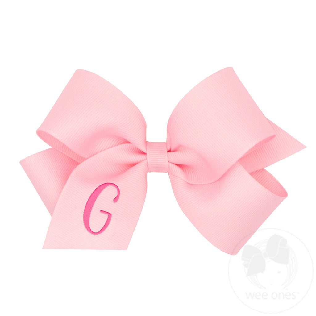 Medium Monogrammed Grosgrain Girls Hair Bow - Light Pink with Hot Pink Initial