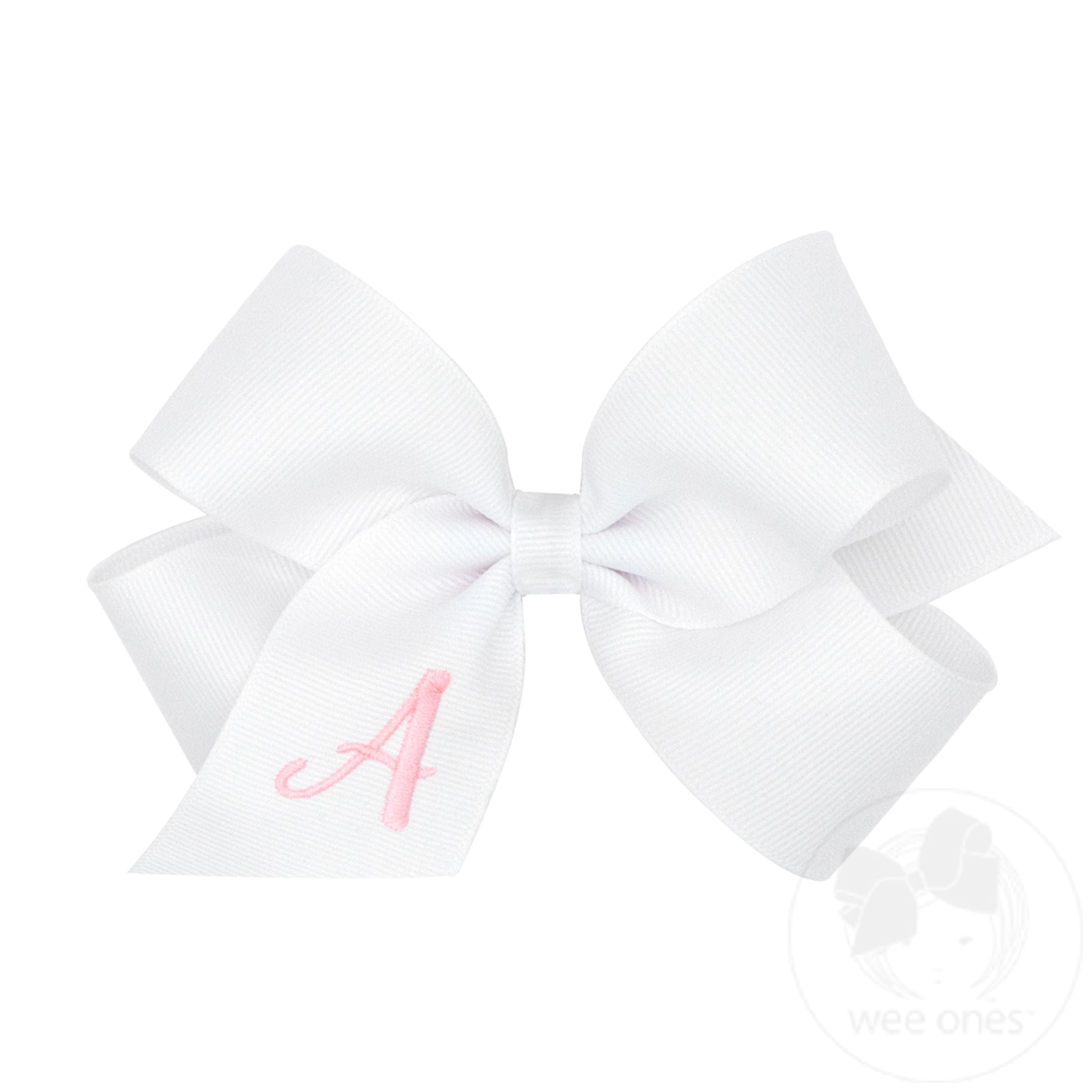 Wee Ones Medium Monogrammed Grosgrain Girls Hair Bow - White with Light Pink Initial D