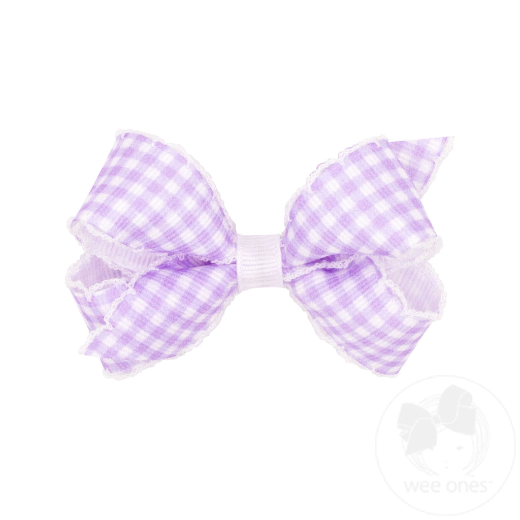 Mini Gingham-Printed Grosgrain Hair Bow with Moonstitch Edge