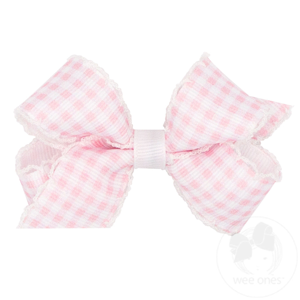 Mini Gingham-Printed Grosgrain Hair Bow with Moonstitch Edge