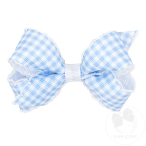 Mini Gingham-Printed Grosgrain Hair Bow with Moonstitch Edge