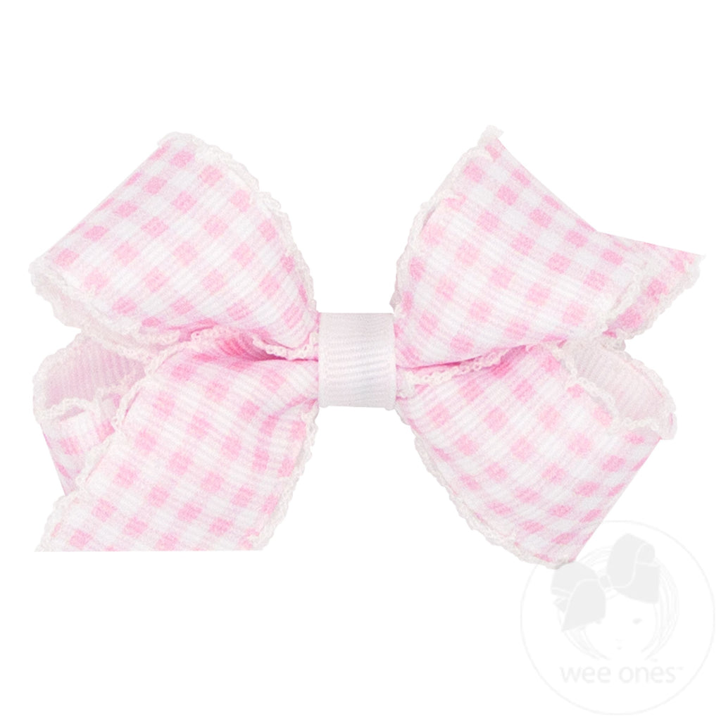 Mini Gingham-Printed Grosgrain Hair Bow with Moonstitch Edge