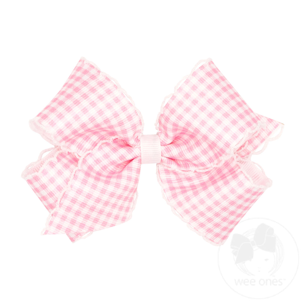 Medium Gingham-Printed Grosgrain Hair Bow with Moonstitch Edge