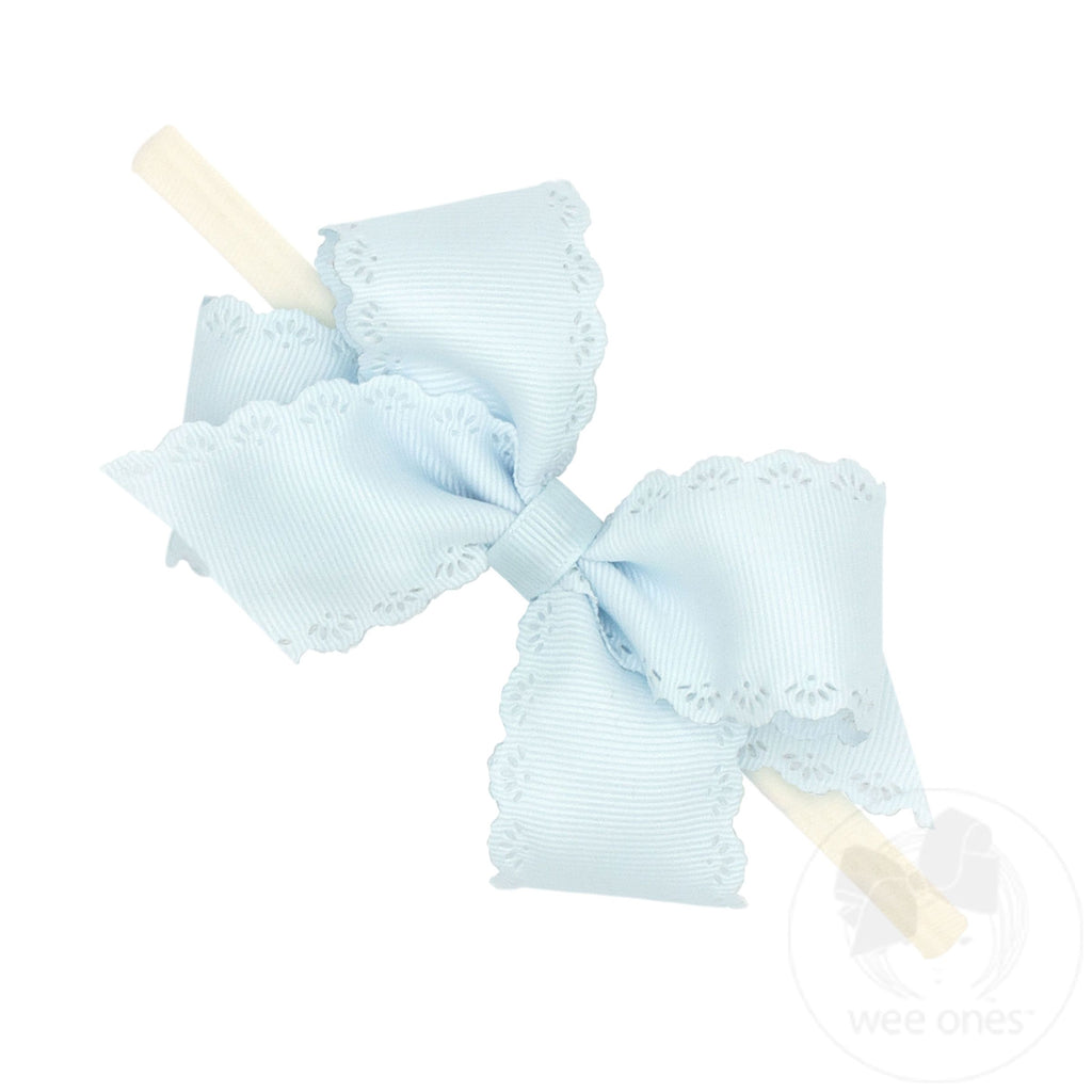 Small Grosgrain Hair Bow with Embossed Eyelet Edge on White Nylon Band