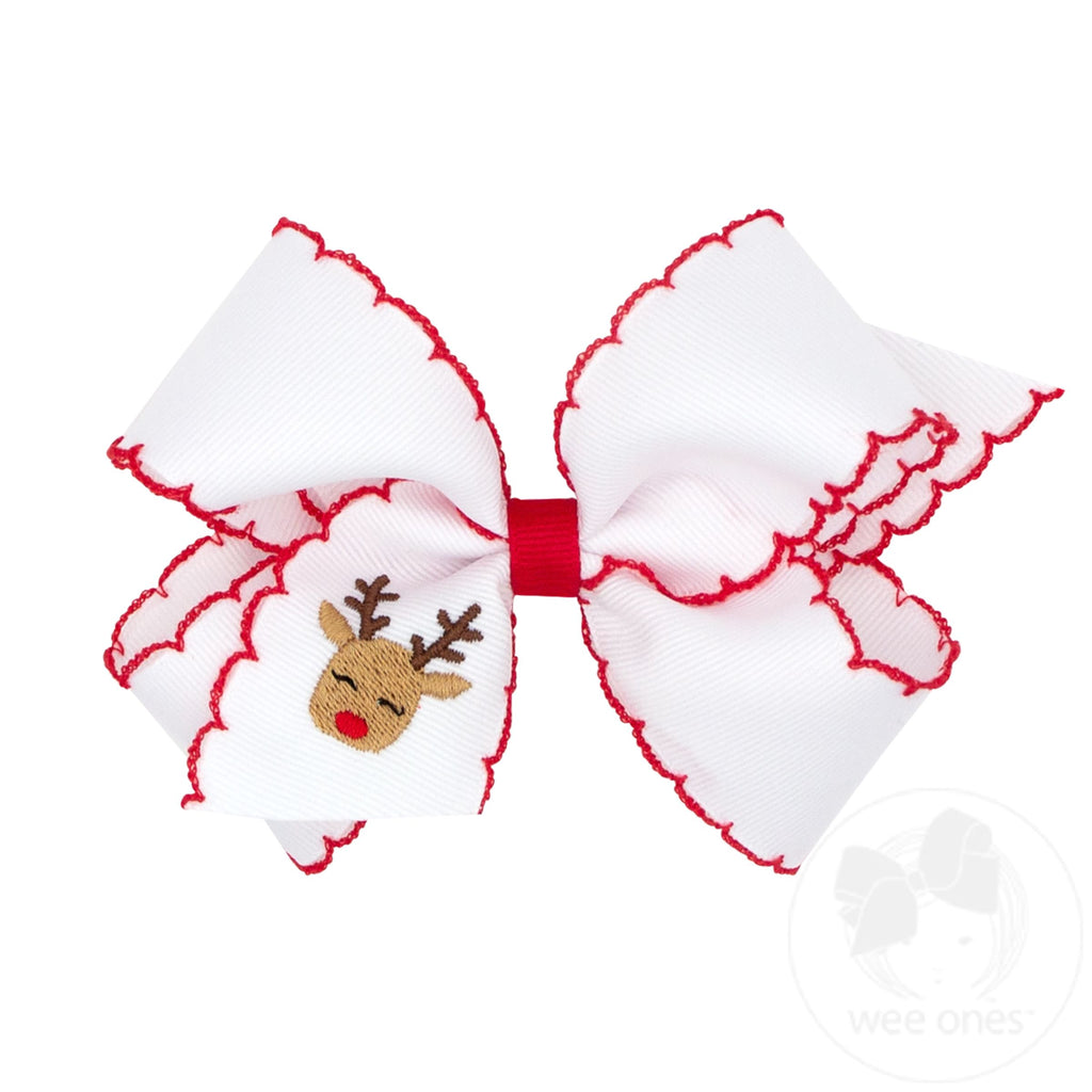 Medium Grosgrain Hair Bow with Moonstitch Edge and Christmas-themed Embroidery