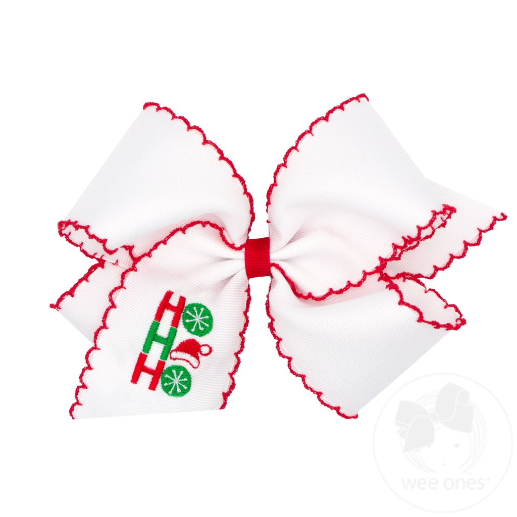 King Grosgrain Hair Bow with Moonstitch Edge and Christmas-themed Embroidery