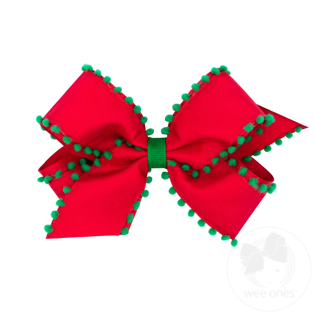 Medium Holiday Style Pom-Pom Edge Grosgrain Overlay Girls Hair Bow