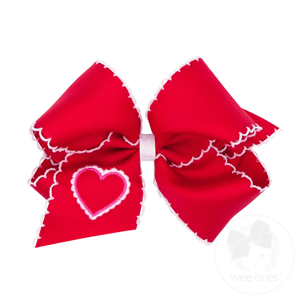 King Size Grosgrain Moonstitch Girls Hair Bow with Embroidered Heart