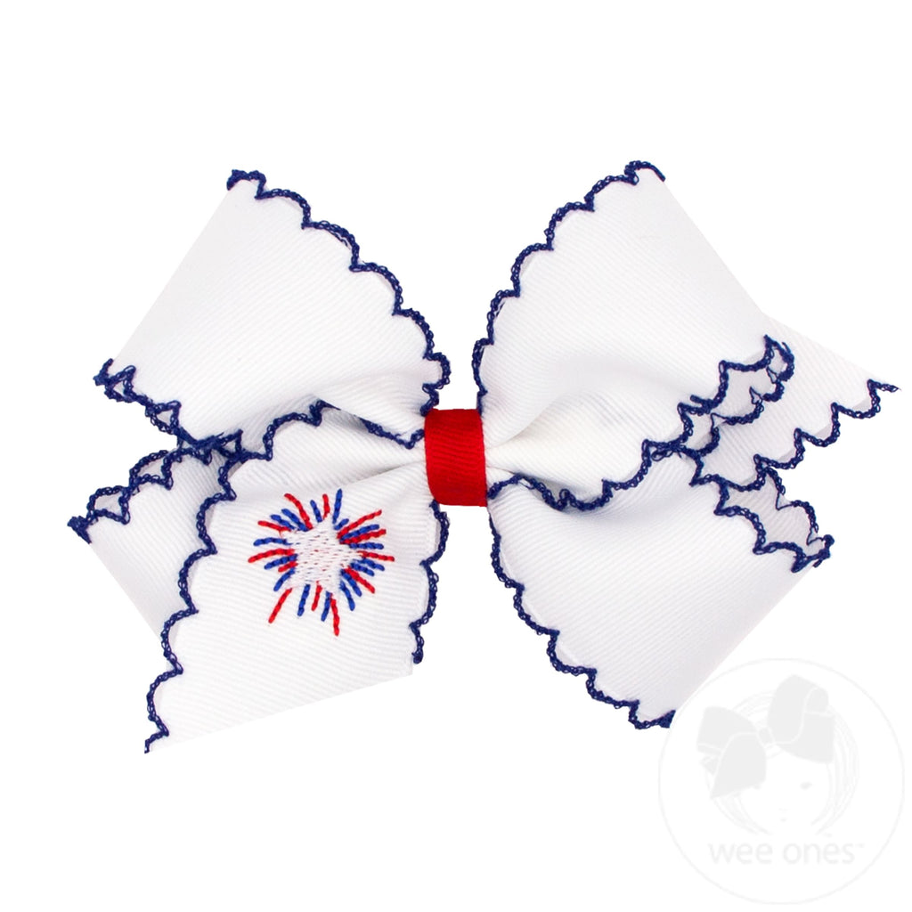 Medium White Grosgrain Bow with Royal Moonstitch Edge and Embroidery on the Tail