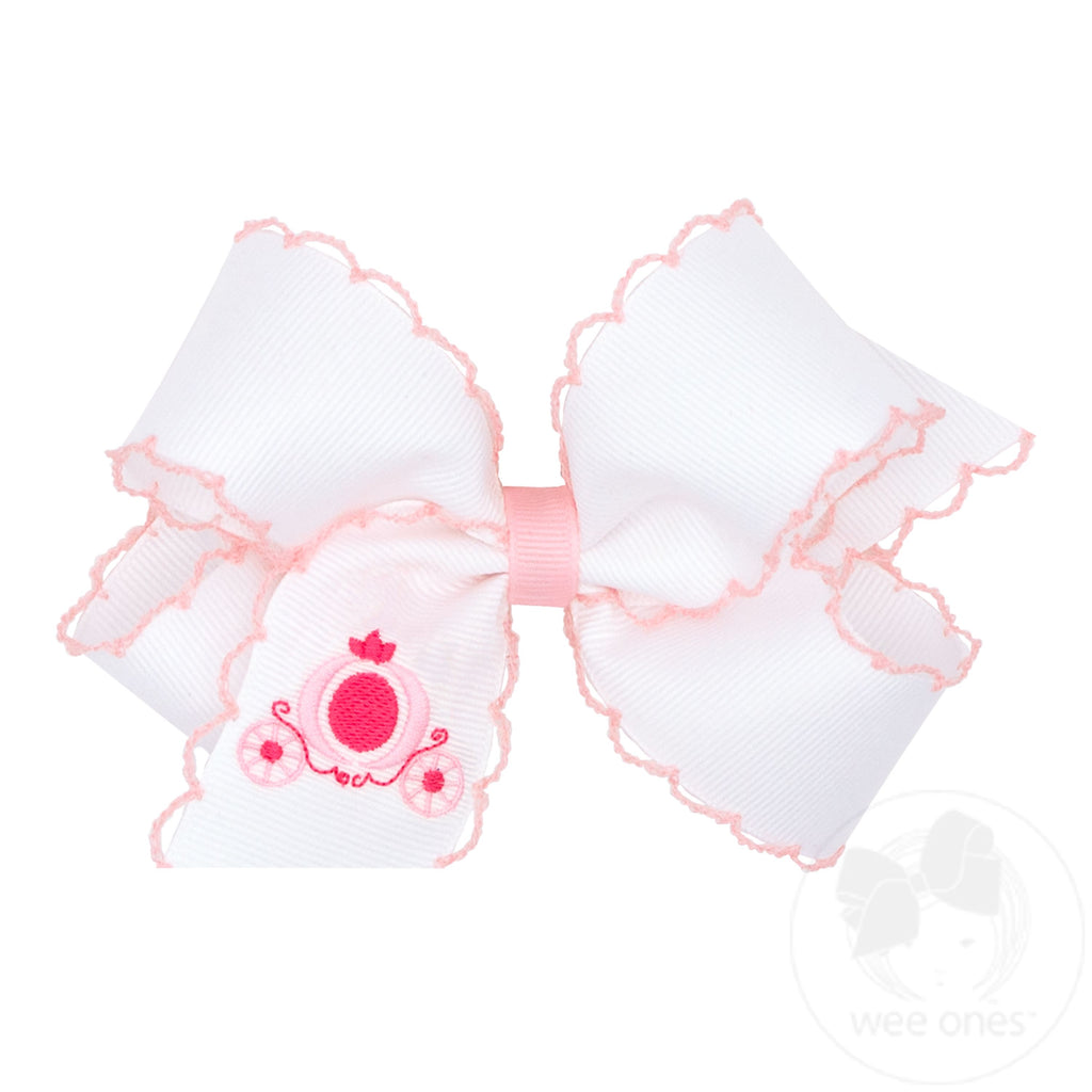 Medium Grosgrain Hair Bow with Pink Moonstitch Edge and Carriage Embroidery