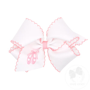 King Grosgrain Hair Bow with Pink Moonstitch Edge and Ballet Slippers Embroidery