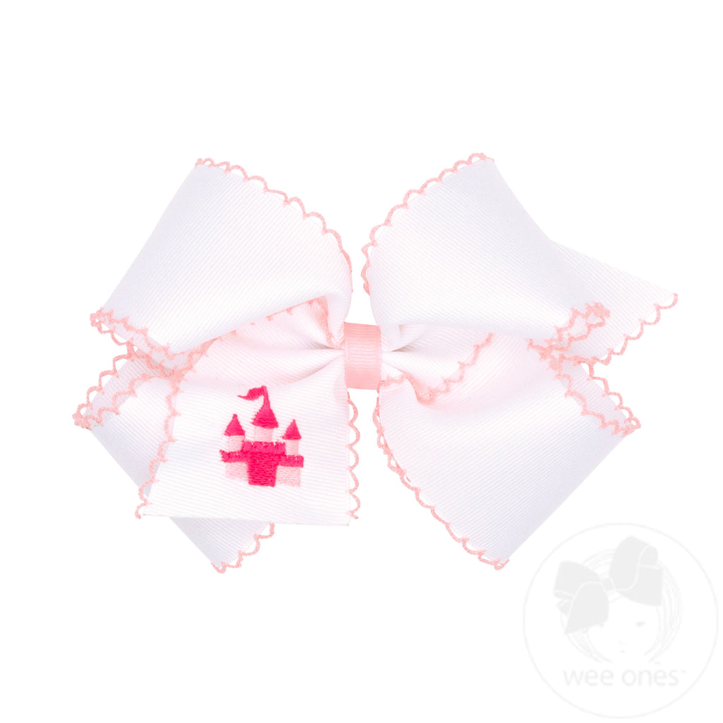 King Grosgrain Hair Bow with Pink Moonstitch Edge and Ballet Slippers Embroidery