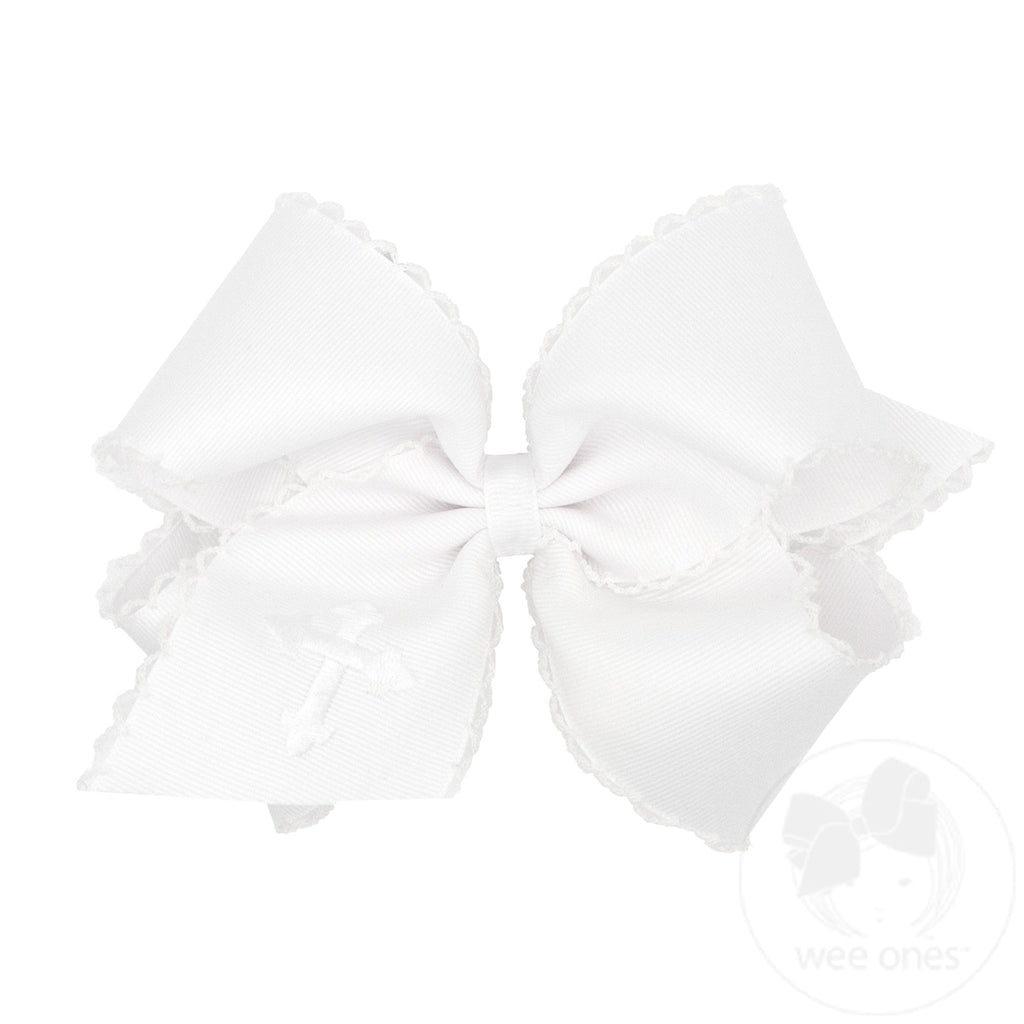 King White Grosgrain Hair Bow with Moonstitch Edge and Cross Embroidery	on Tail