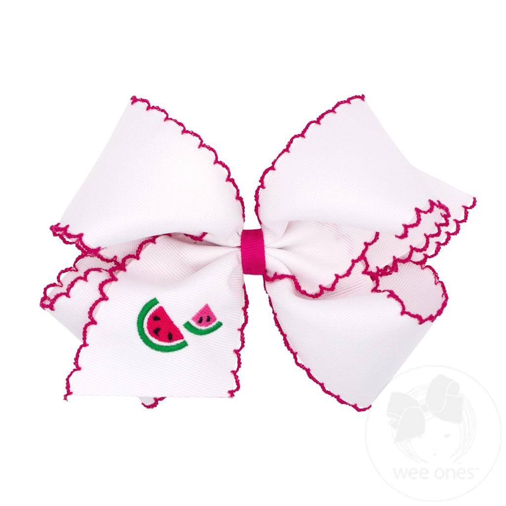 King Grosgrain Hair Bow with Moonstitch Edge and Summer-themed Embroidery