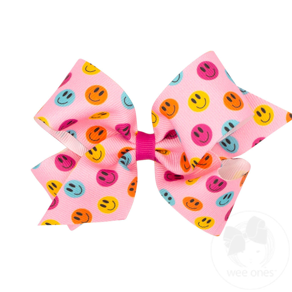 Medium Trendy Smiley Face Printed Grosgrain Hair Bow