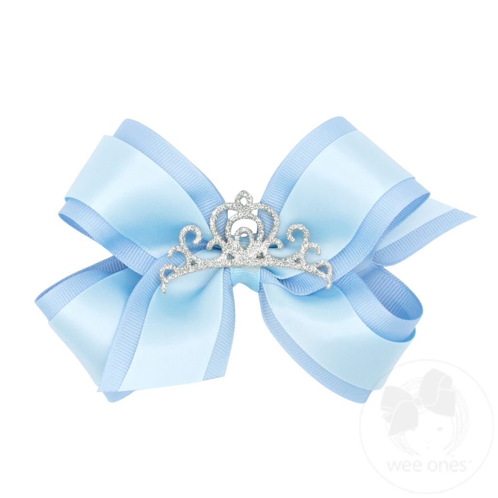 Medium Princess Grosgrain Hair Bow with Satin overlay and Glitter Crown