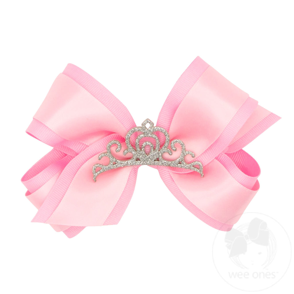 Medium Princess Grosgrain Hair Bow with Satin overlay and Glitter Crown