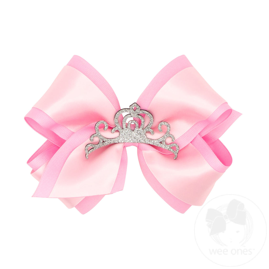 King Princess Grosgrain Hair Bow with Satin Overlay and Glitter Crown