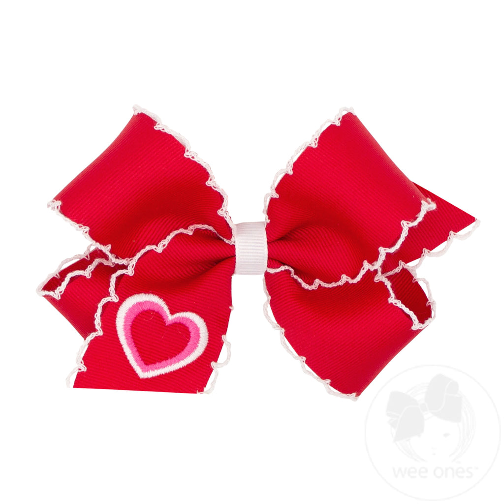 Medium Heart Embroidered Grosgrain Hair Bow with Moonstitch Edge