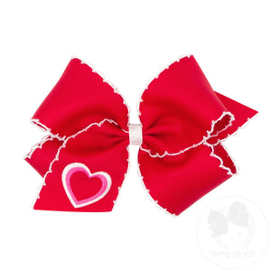 King Heart Embroidered Grosgrain Hair Bow with Moonstitch Edge