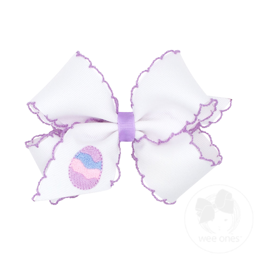 Medium White Grosgrain Bow with Moonstitch Edge and Easter-inspired Embroidery on Tail