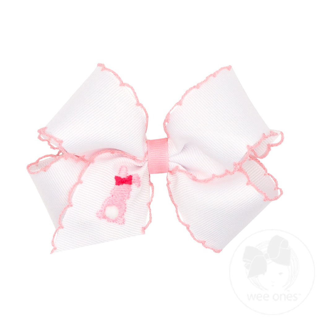 Medium White Grosgrain Bow with Moonstitch Edge and Easter-inspired Embroidery on Tail
