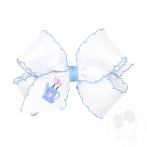 Medium White Grosgrain Bow with Moonstitch Edge and Easter-inspired Embroidery on Tail