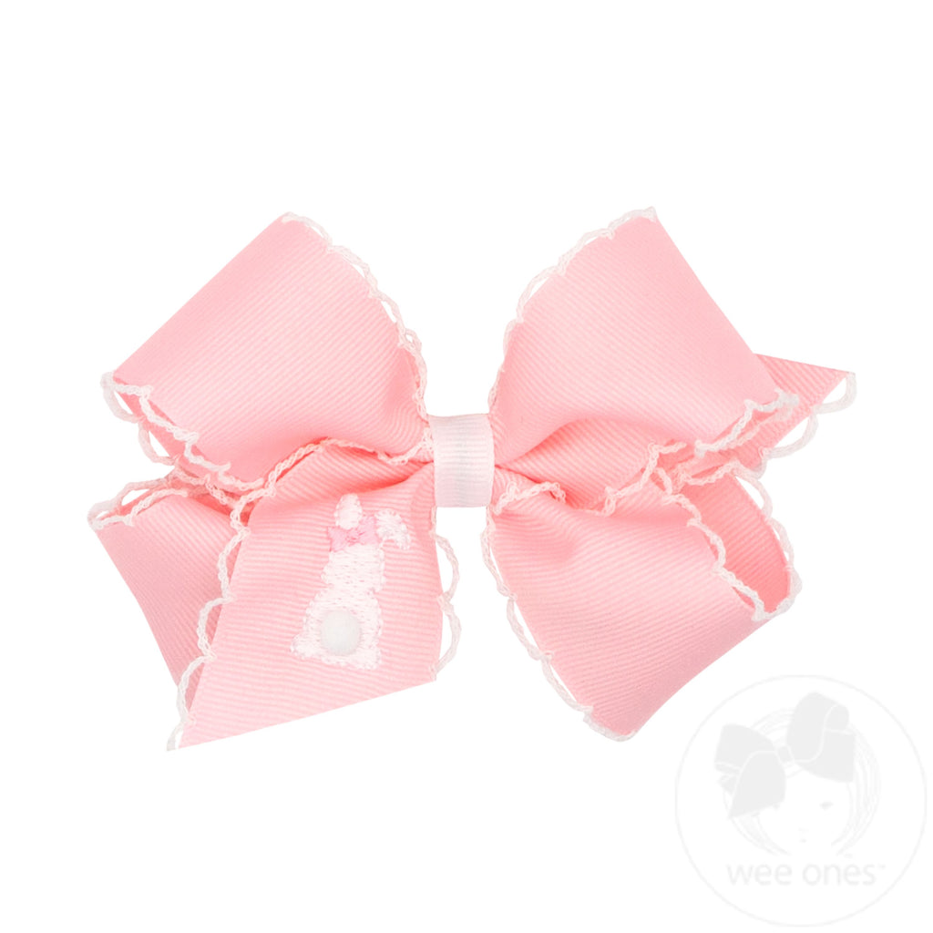 Medium Pink Grosgrain Bow with Moonstitch Edge and Easter-inspired Embroidery on Tail