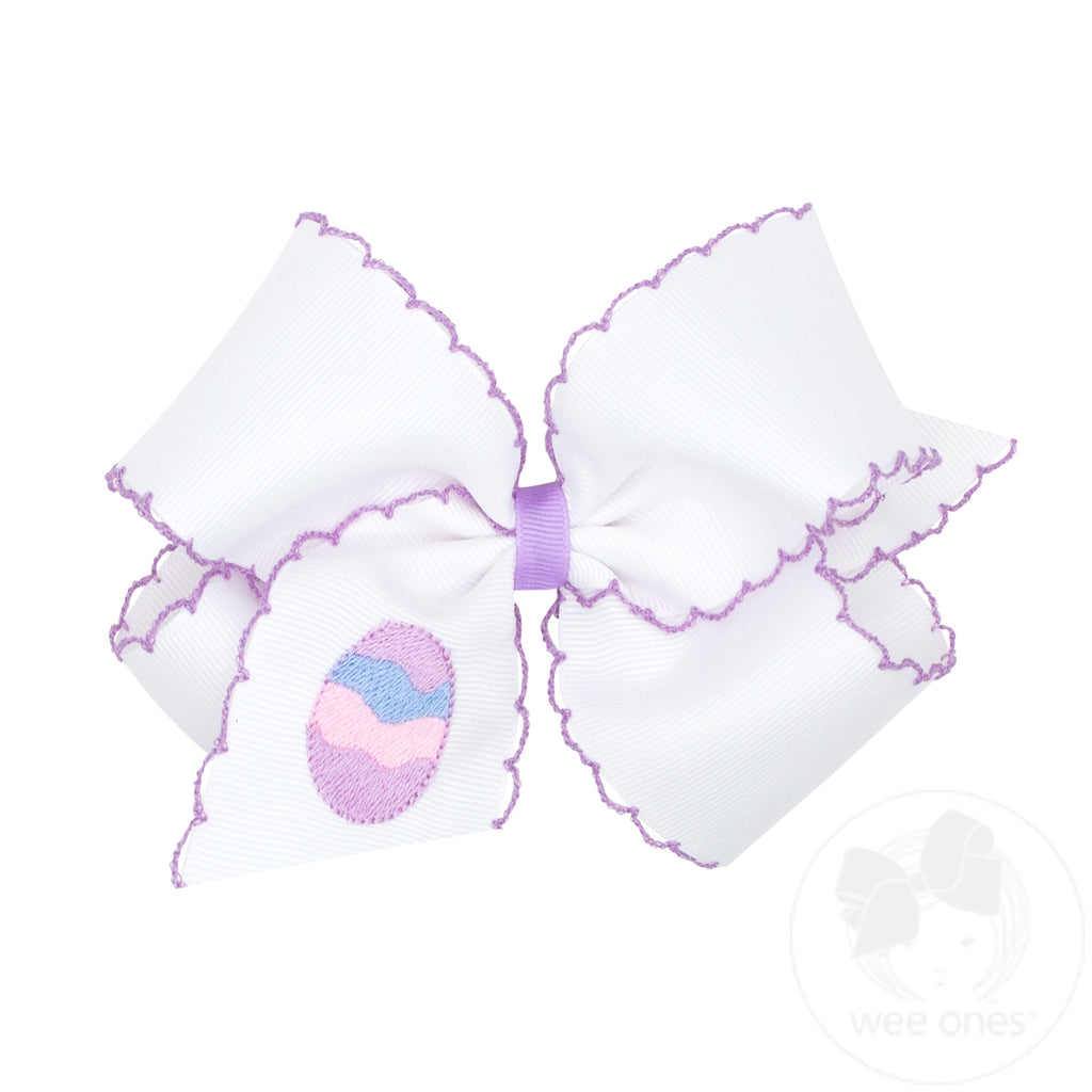 King White Grosgrain Bow with Moonstitch Edge and Easter-inspired Embroidery on Tail