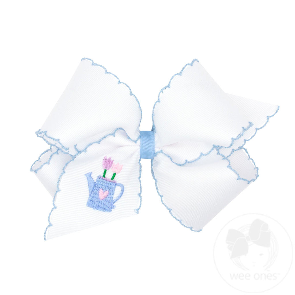 King White Grosgrain Bow with Moonstitch Edge and Easter-inspired Embroidery on Tail