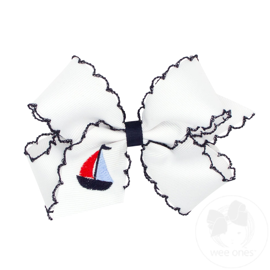 Medium Grosgrain Hair Bow with Moonstitch Edge and Embroidery