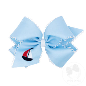 King Grosgrain Hair Bow with Moonstitch Edge and Embroidery