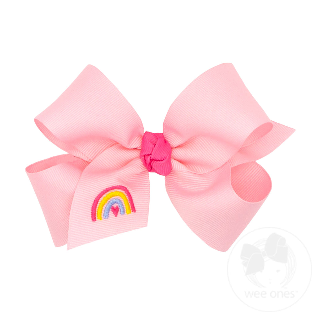Medium Grosgrain Hair Bow with Trendy Rainbow Embroidery and Knot Wrap
