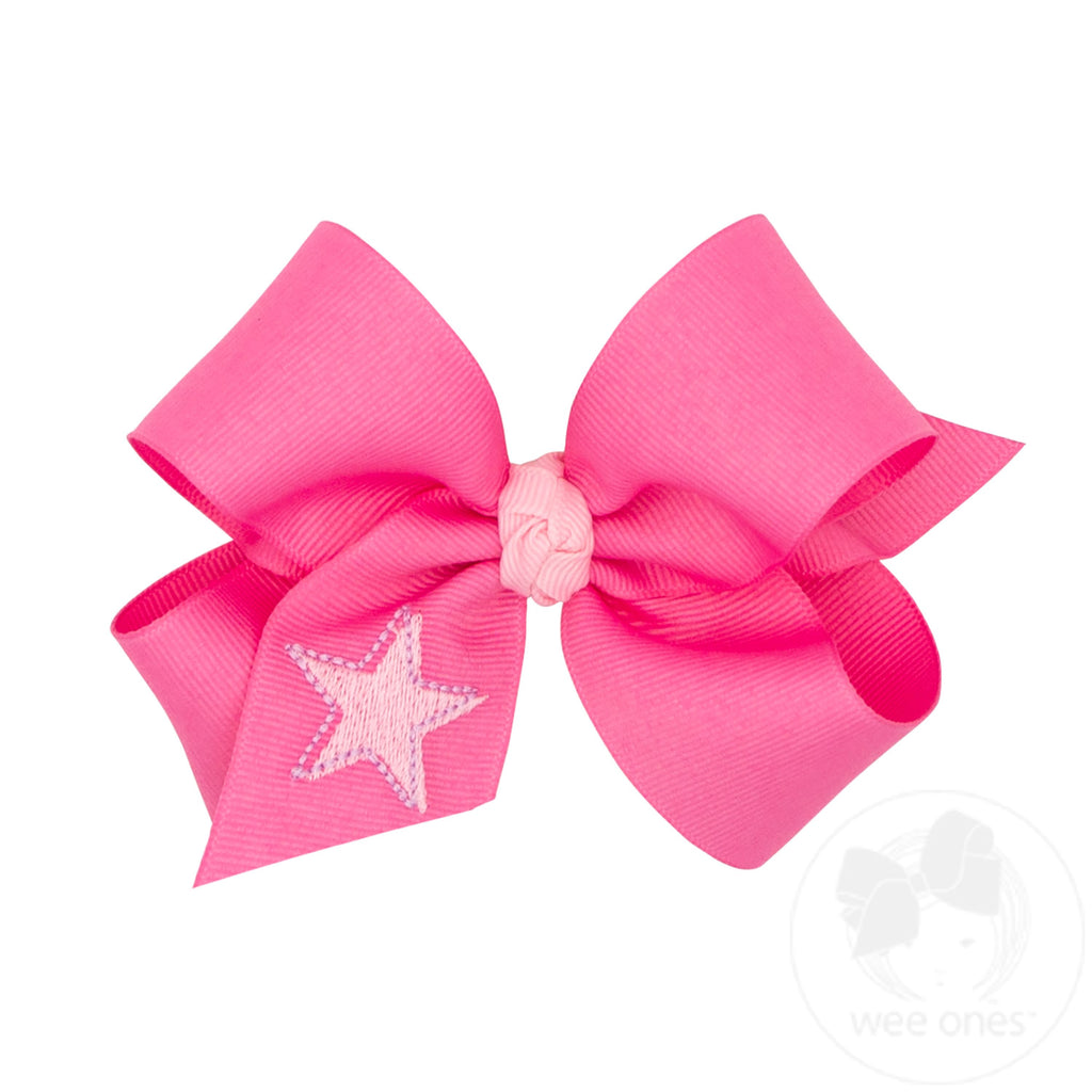 Medium Grosgrain Hair Bow with Trendy Star Embroidery and Knot Wrap