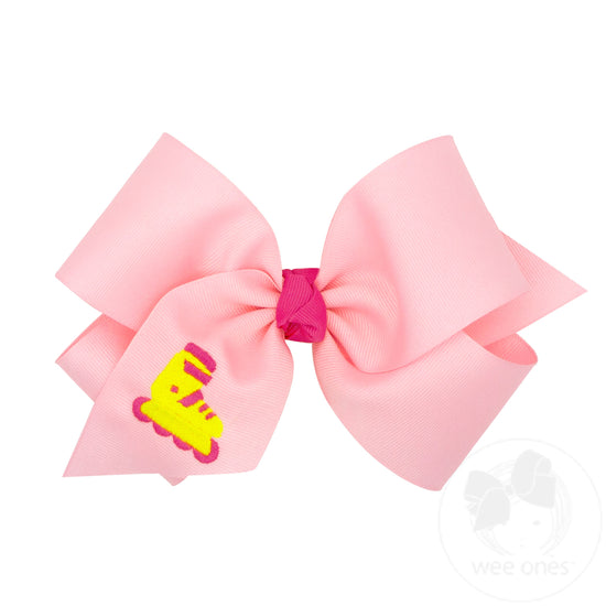 King Grosgrain Hair Bow with Trendy Roller Blade Embroidery and Knot Wrap