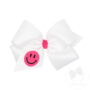 King Grosgrain Hair Bow with Trendy Smile Embroidery and Knot Wrap