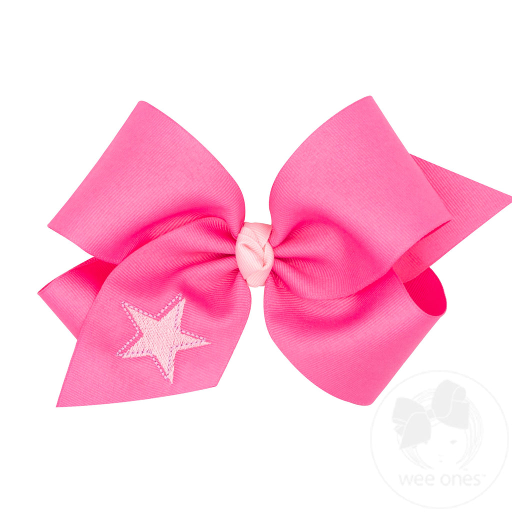 King Grosgrain Hair Bow with Trendy Star Embroidery and Knot Wrap