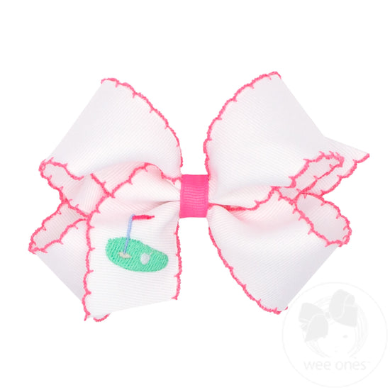 Medium Grosgrain Hair Bow with Moonstitch Edge and Golf Green Embroidery