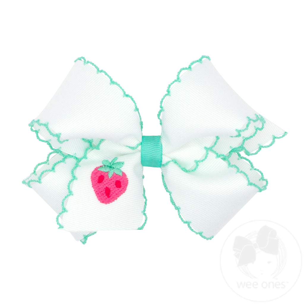 Medium Grosgrain Hair Bow with Moonstitch Edge and Strawberry Embroidery